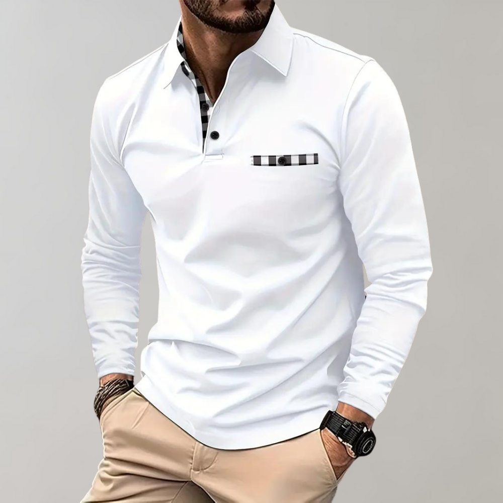 Stijlvol heren poloshirt met lange mouwen in marineblauw, zilvergrijs en zwart voor comfort en veelzijdige uitstraling.
