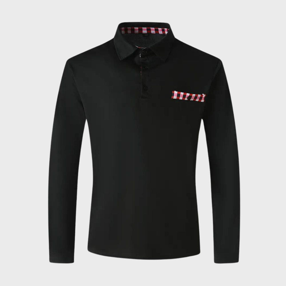 Stijlvol heren poloshirt met lange mouwen in marineblauw, zilvergrijs en zwart voor comfort en veelzijdige uitstraling.