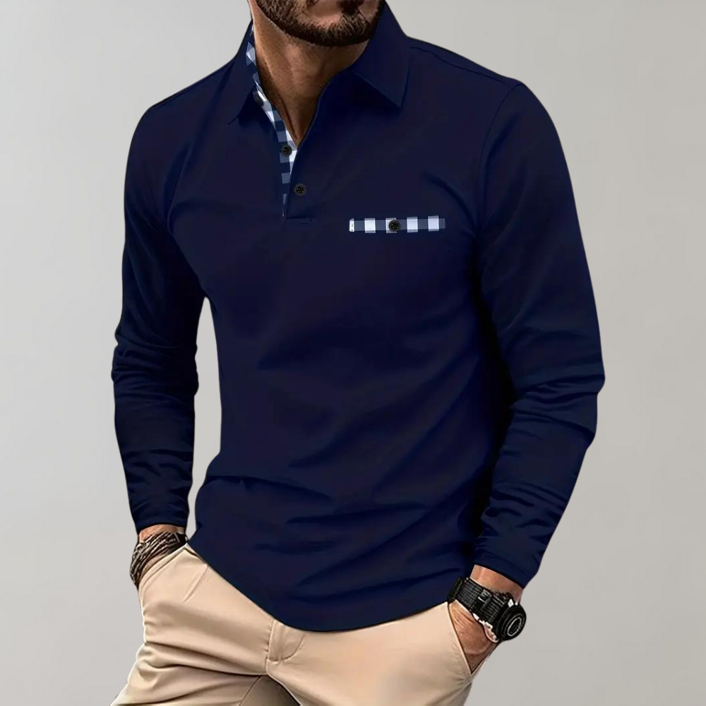 Stijlvol heren poloshirt met lange mouwen in marineblauw, zilvergrijs en zwart voor comfort en veelzijdige uitstraling.