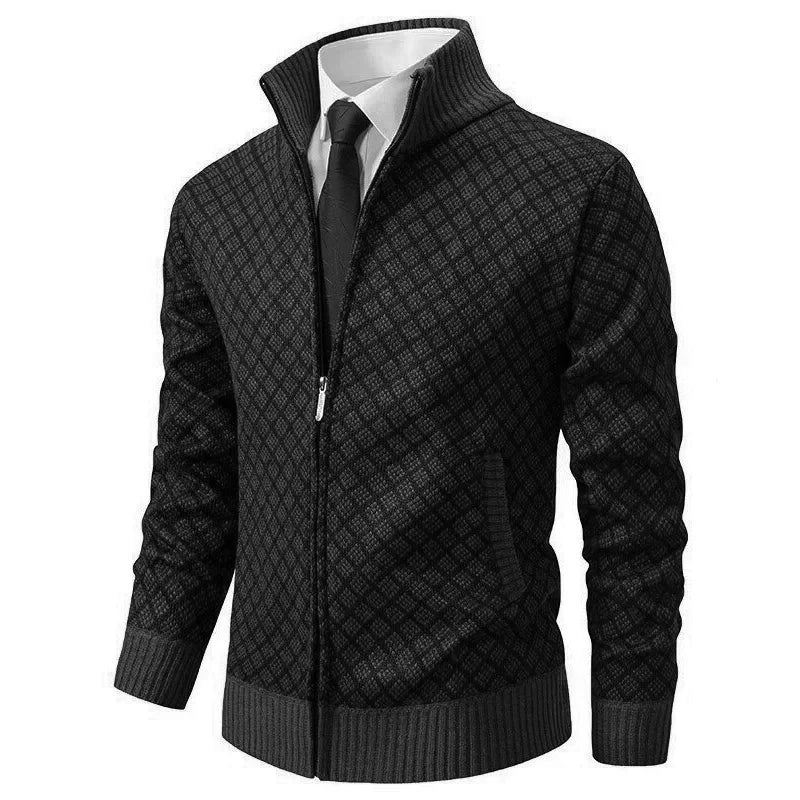 "Stijlvol heren vest met geometrisch patroon en ritssluiting, ideaal voor comfort en mode."