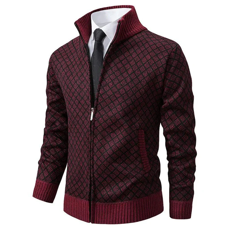 "Stijlvol heren vest met geometrisch patroon en ritssluiting, ideaal voor comfort en mode."