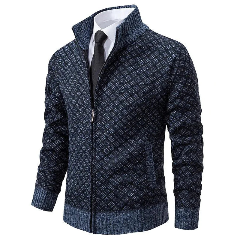 "Stijlvol heren vest met geometrisch patroon en ritssluiting, ideaal voor comfort en mode."