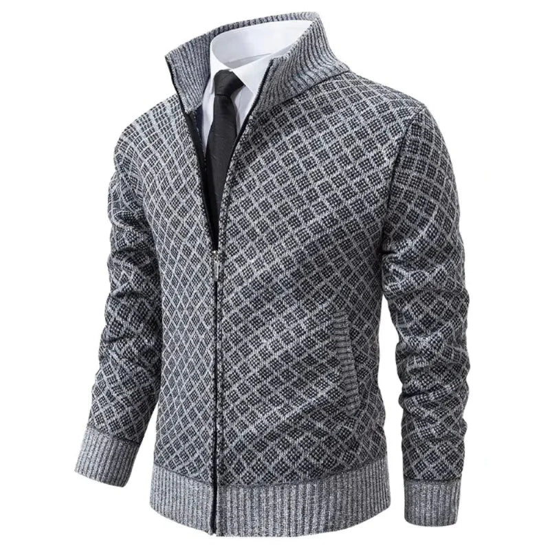 "Stijlvol heren vest met geometrisch patroon en ritssluiting, ideaal voor comfort en mode."