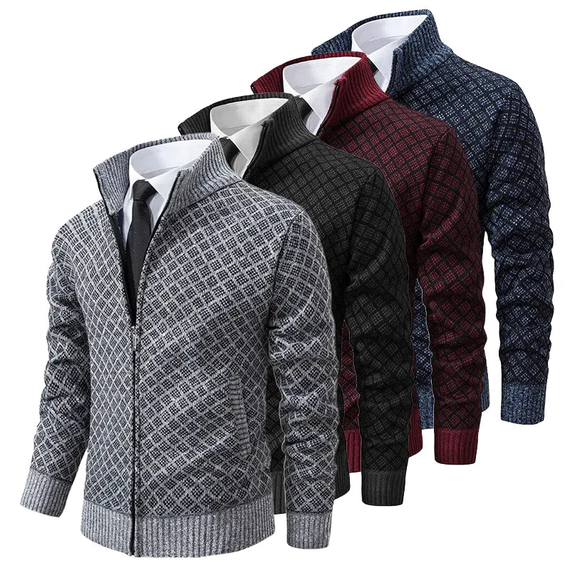 "Stijlvol heren vest met geometrisch patroon en ritssluiting, ideaal voor comfort en mode."