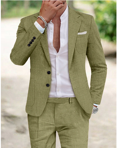 Stijlvol licht linnen herenpak, twee-delig, ademend en elegant, perfect voor zomerse gelegenheden.