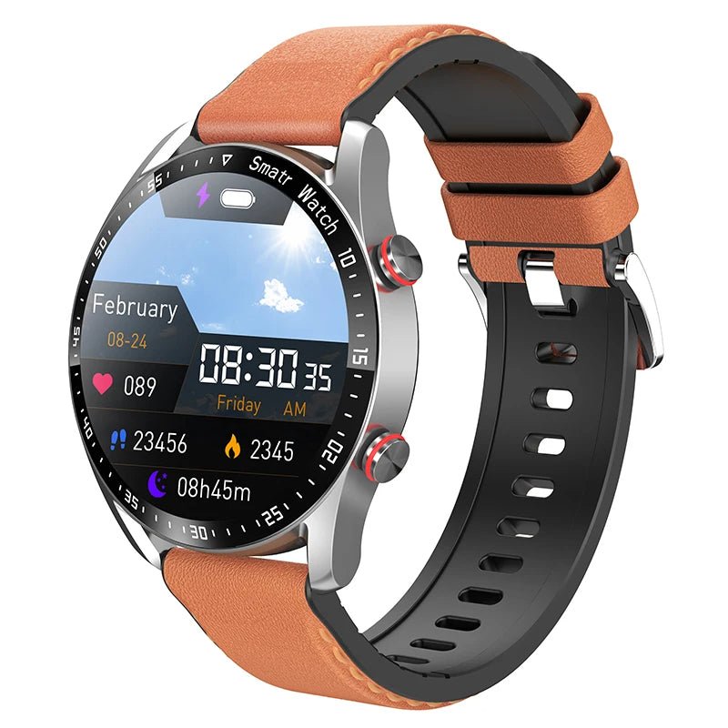 "Stijlvol slim horloge met glucosemeter en gezondheidsmonitor, zilver of zwart, keuze uit leer of siliconen band."