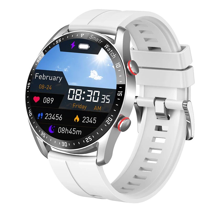 "Stijlvol slim horloge met glucosemeter en gezondheidsmonitor, zilver of zwart, keuze uit leer of siliconen band."
