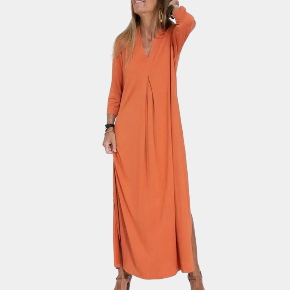 "Stijlvolle A-lijn damesjurk in oranje, zomerjurk met elegante snit. Comfortabele, veelzijdige jurk voor elke gelegenheid."