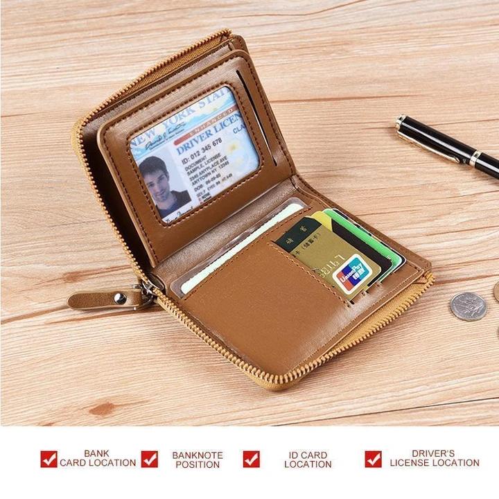 "Stijlvolle compacte RFID portemonnee voor dames, beige PU-leer, strakke look, veilige kaartsleuven, moderne accessoire."
