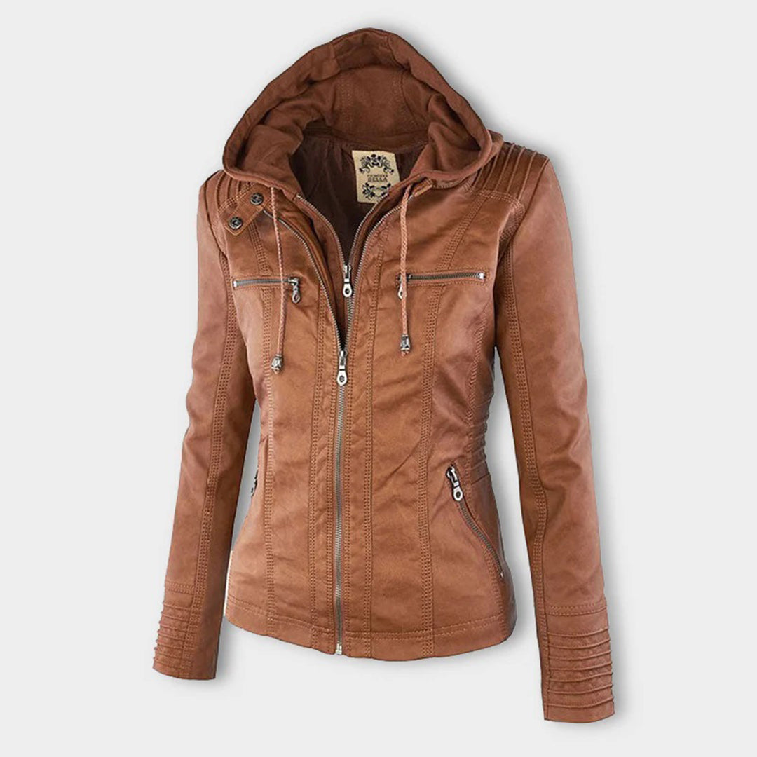"Stijlvolle dames leren zomerjas, zwart, met moderne ritssluiting en afneembare capuchon, ideaal voor lente & zomer."