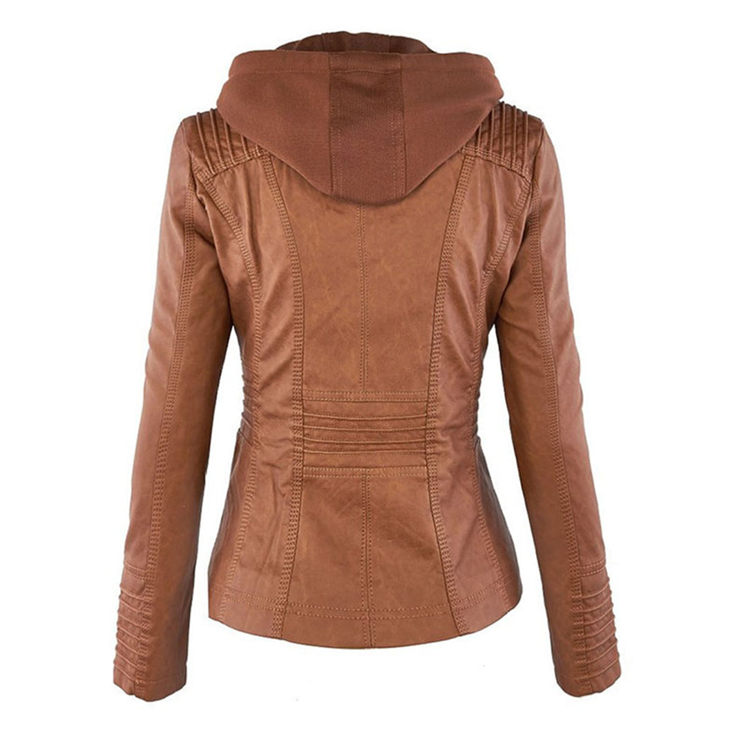 "Stijlvolle dames leren zomerjas, zwart, met moderne ritssluiting en afneembare capuchon, ideaal voor lente & zomer."