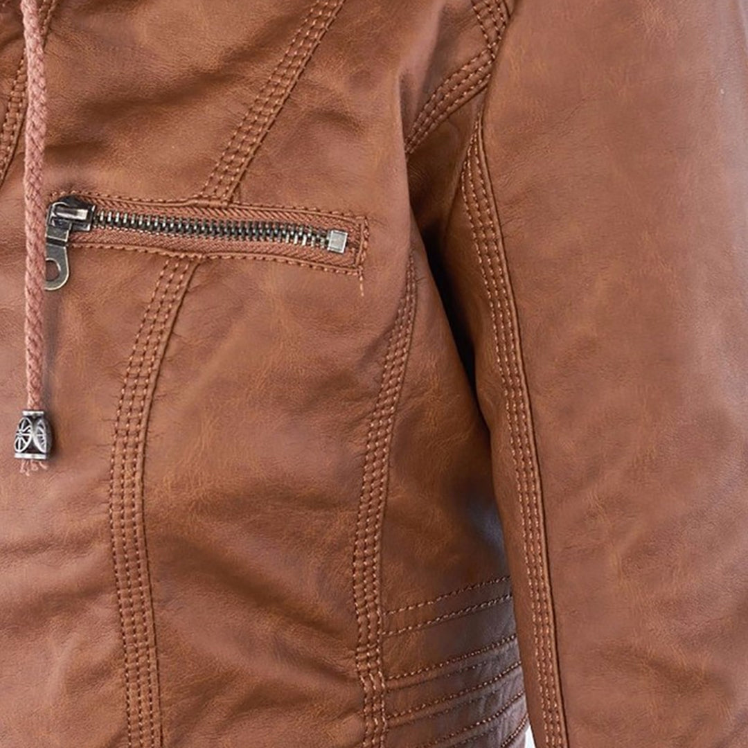 "Stijlvolle dames leren zomerjas, zwart, met moderne ritssluiting en afneembare capuchon, ideaal voor lente & zomer."