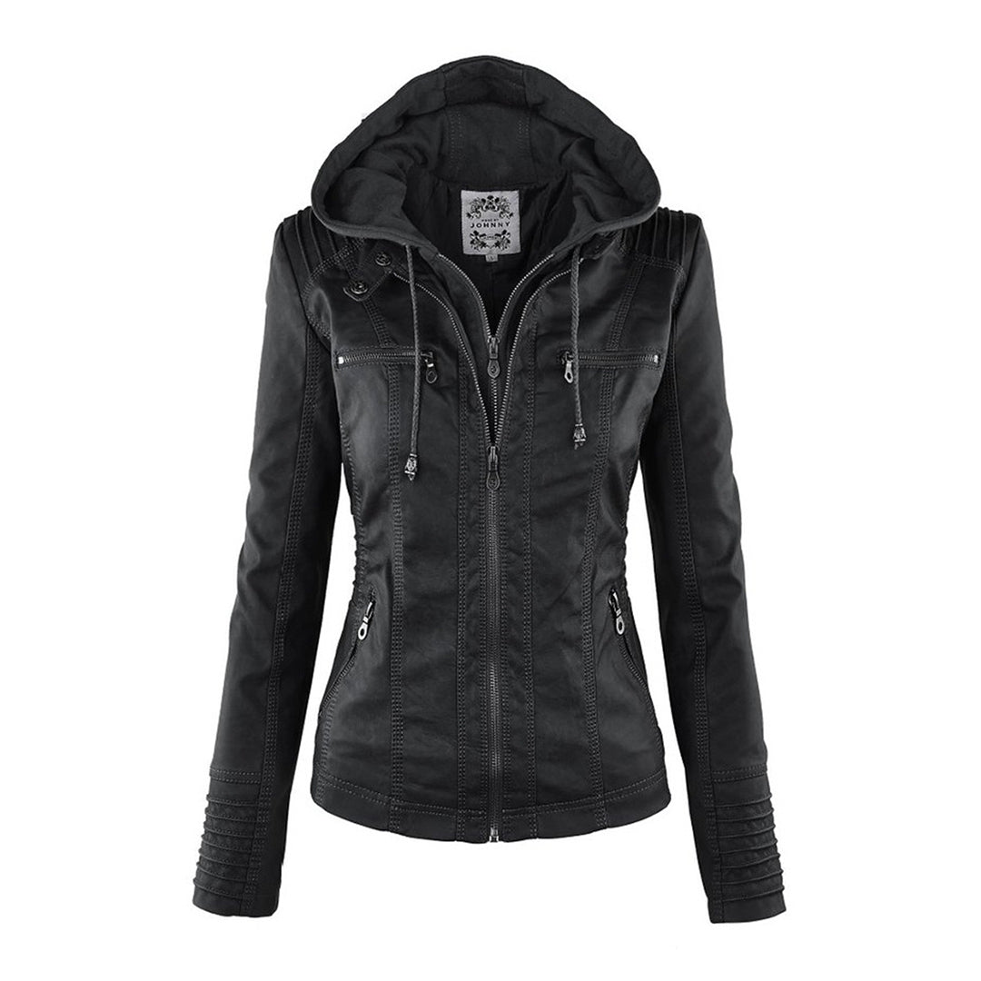 "Stijlvolle dames leren zomerjas, zwart, met moderne ritssluiting en afneembare capuchon, ideaal voor lente & zomer."