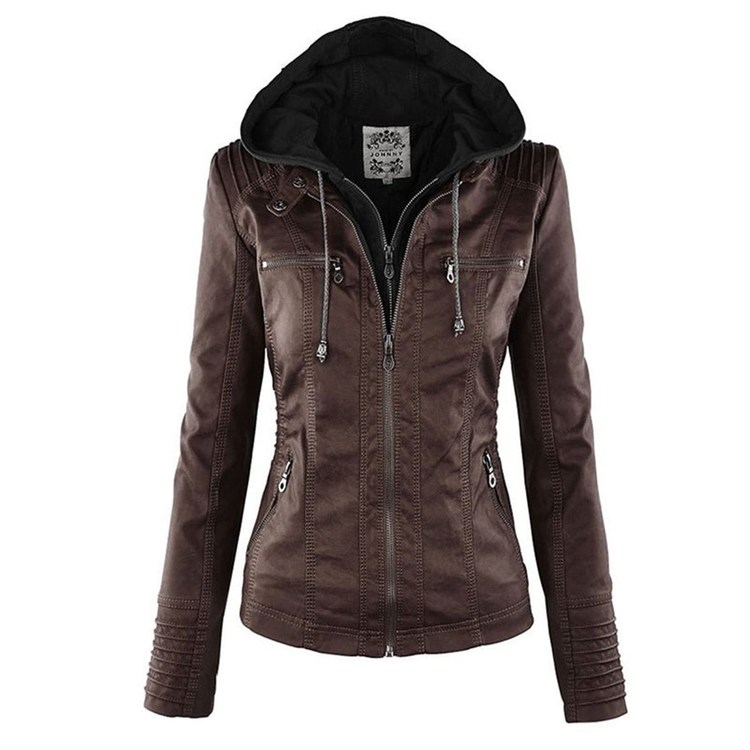 "Stijlvolle dames leren zomerjas, zwart, met moderne ritssluiting en afneembare capuchon, ideaal voor lente & zomer."