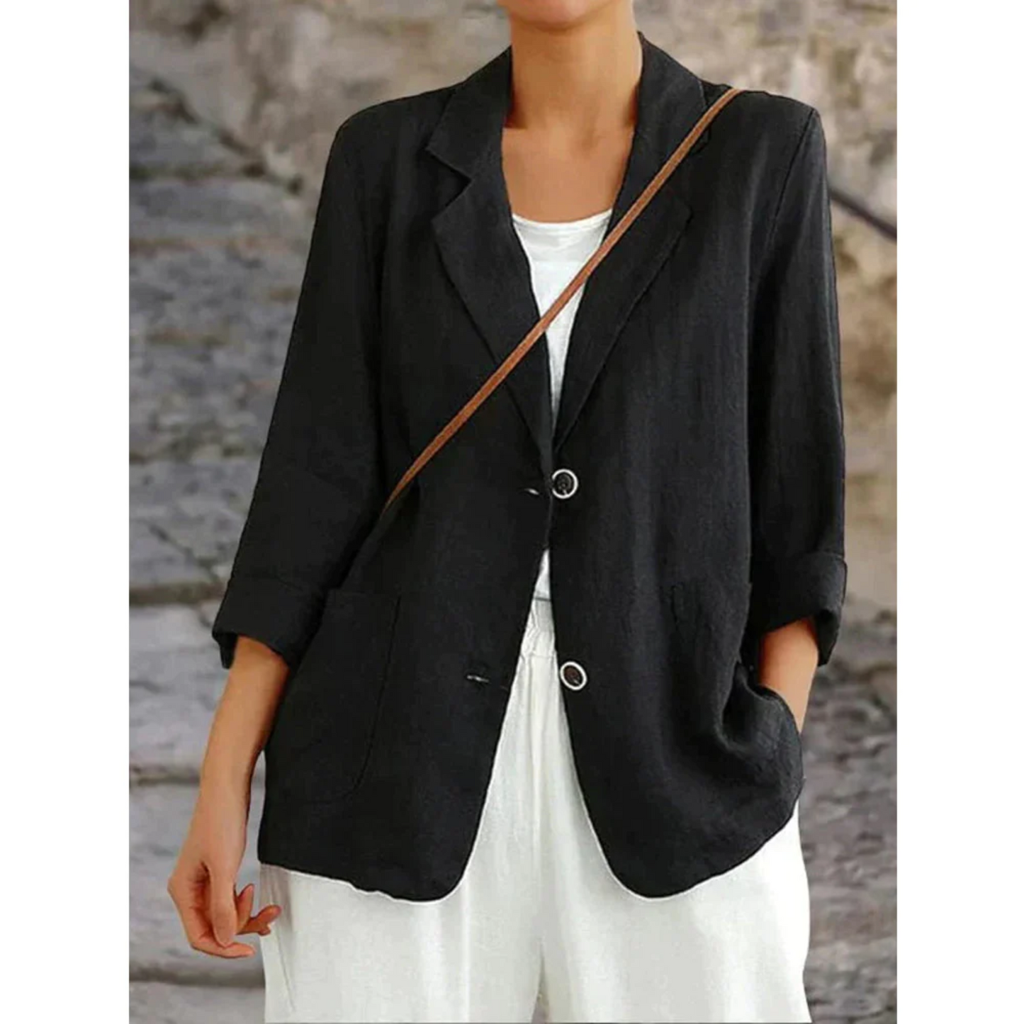 Stijlvolle dameslinnen blazer met chique knopen, verkrijgbaar in blauw, geel, wit en zwart, elegant en comfortabel ontwerp.