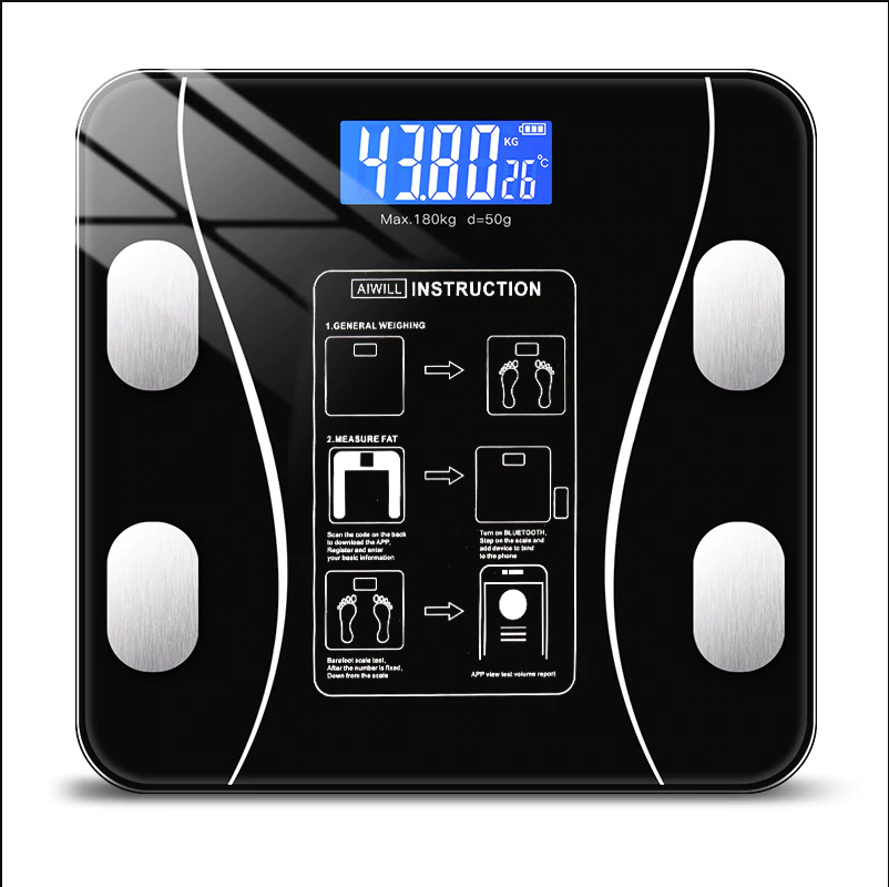 Stijlvolle digitale weegschaal, glazen top, met LED-display voor lichaamsanalyse tot 180kg, meet 11 kenmerken.