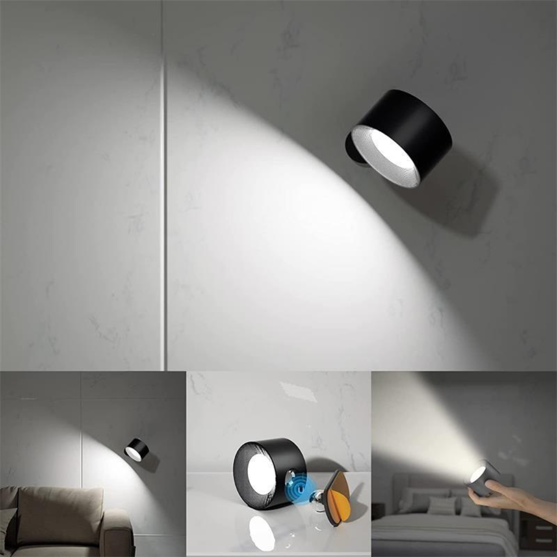 "Stijlvolle draadloze oplaadbare 360° LED wandlamp, geschikt voor binnen en buiten, in hout, wit of zwart."