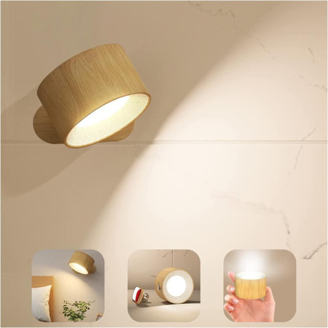 "Stijlvolle draadloze oplaadbare 360° LED wandlamp, geschikt voor binnen en buiten, in hout, wit of zwart."