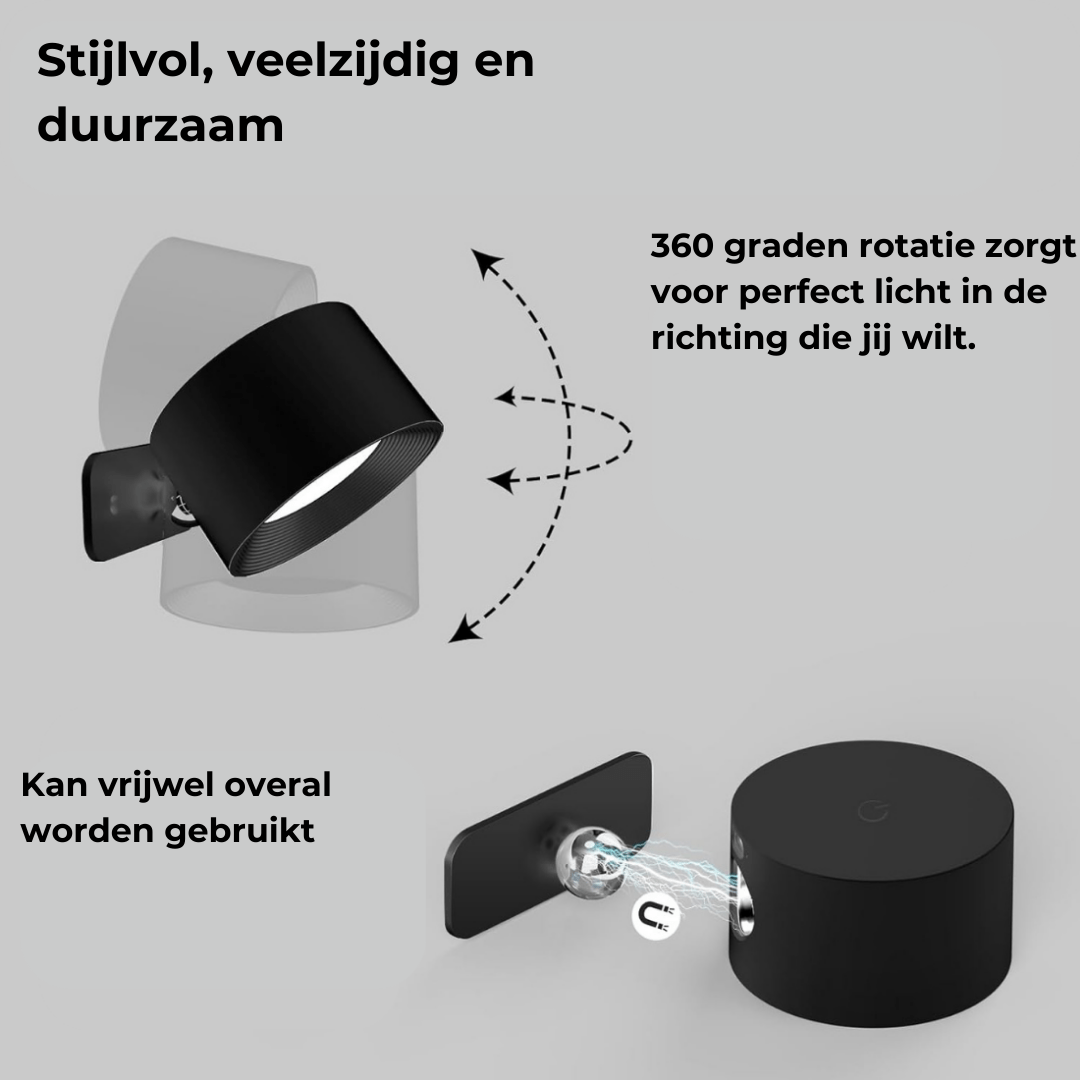 "Stijlvolle draadloze oplaadbare 360° LED wandlamp, geschikt voor binnen en buiten, in hout, wit of zwart."