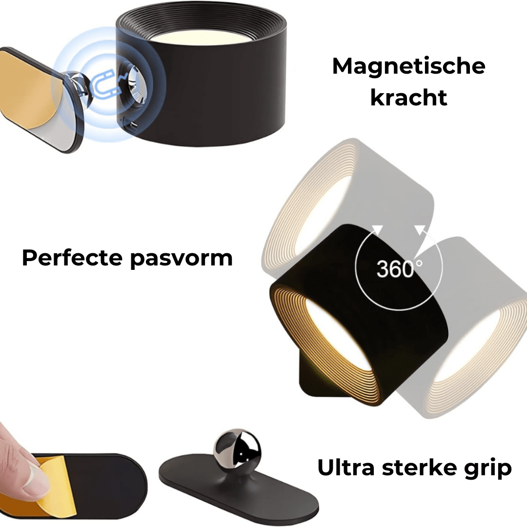 "Stijlvolle draadloze oplaadbare 360° LED wandlamp, geschikt voor binnen en buiten, in hout, wit of zwart."