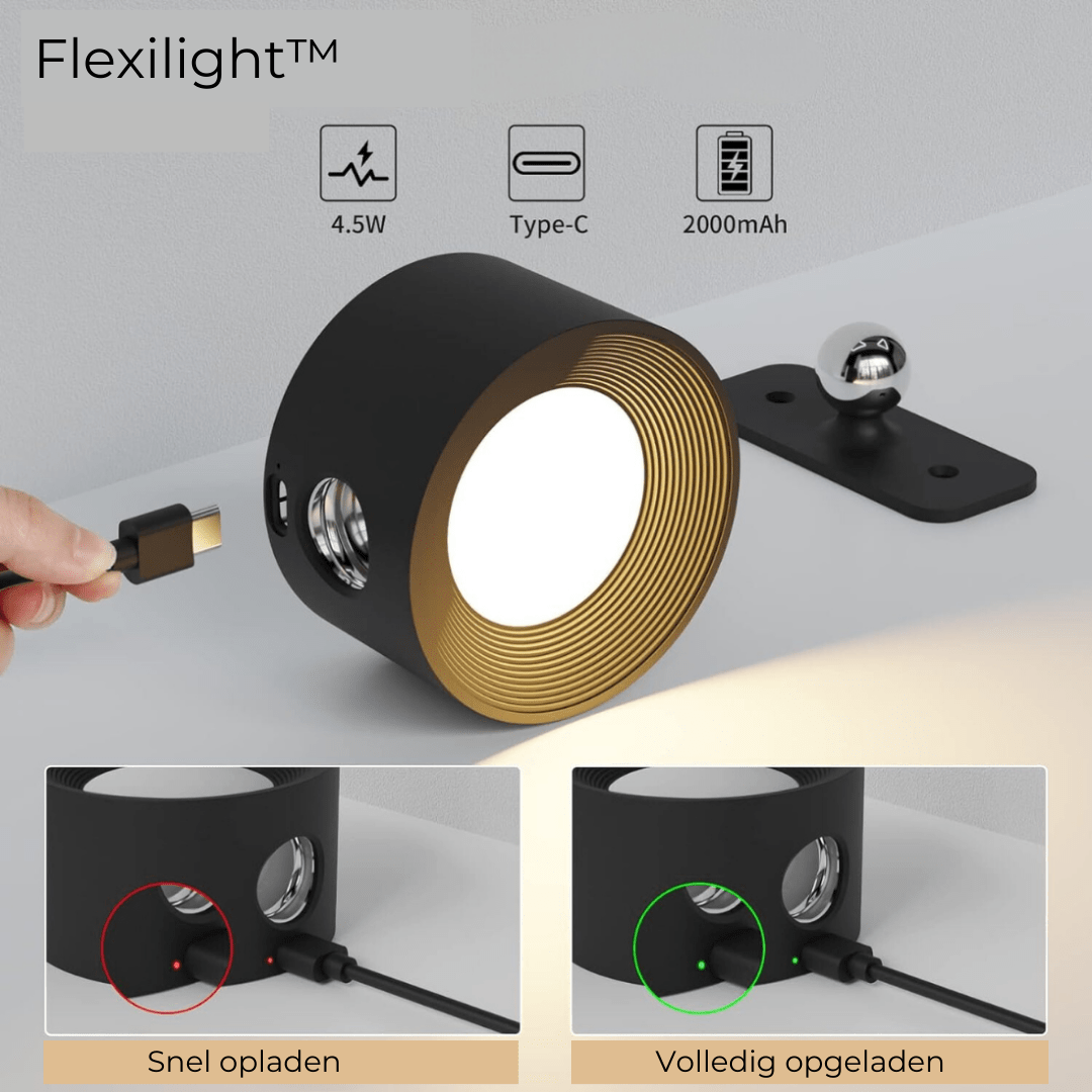 "Stijlvolle draadloze oplaadbare 360° LED wandlamp, geschikt voor binnen en buiten, in hout, wit of zwart."