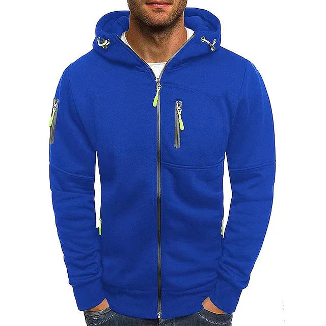 "Stijlvolle heren hoodie in blauw met dubbelgestikte naden en capuchon, veelzijdig en comfortabel voor elke casual outfit."