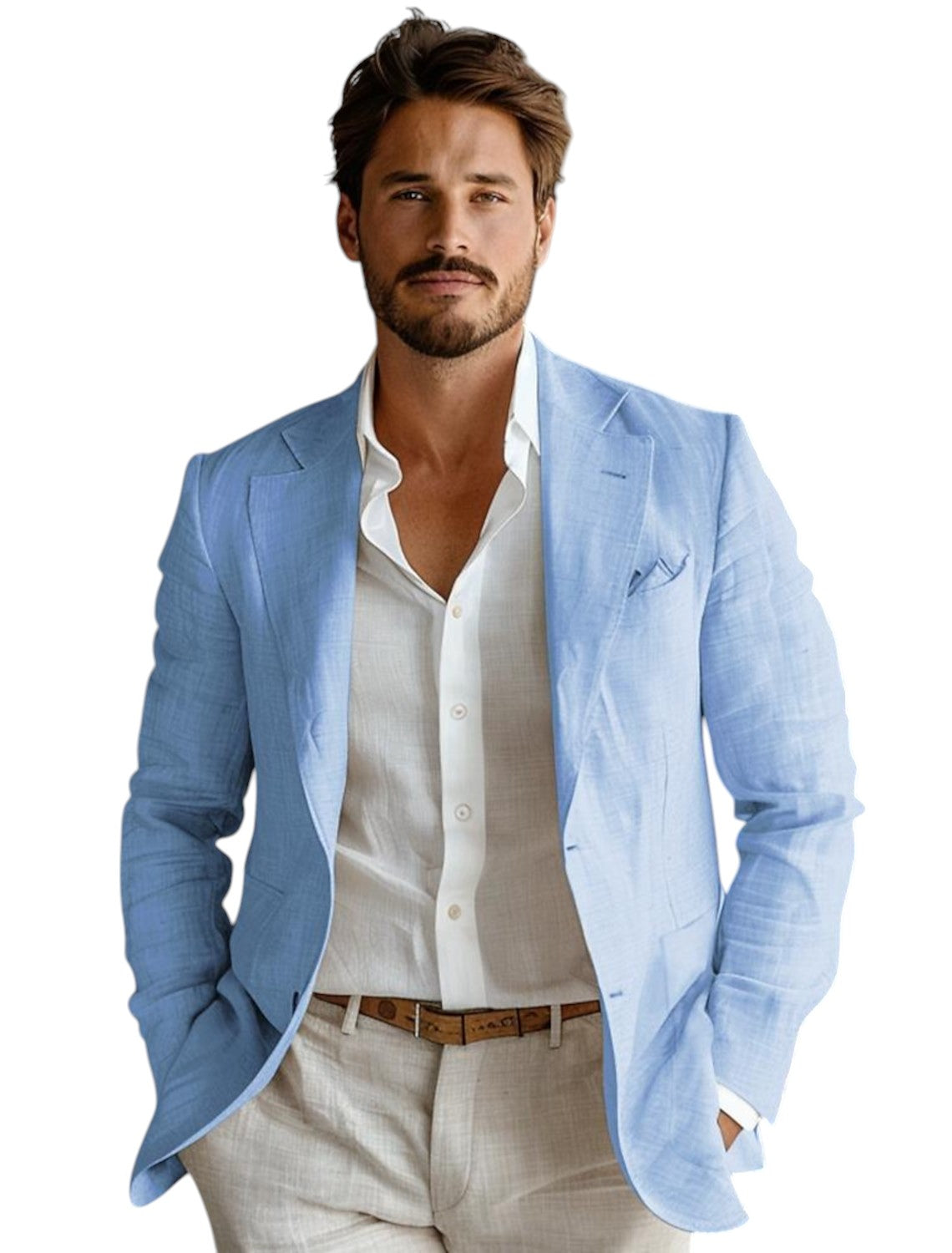 "Stijlvolle heren linnen blazer in beige, luchtig en ademend, perfect voor warme zomerdagen en vele gelegenheden."