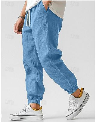 Stijlvolle heren linnen vrachtbroek; ademende stof, hoge taille, rechte pijpen. Perfect voor zomer-look, diverse kleuren.