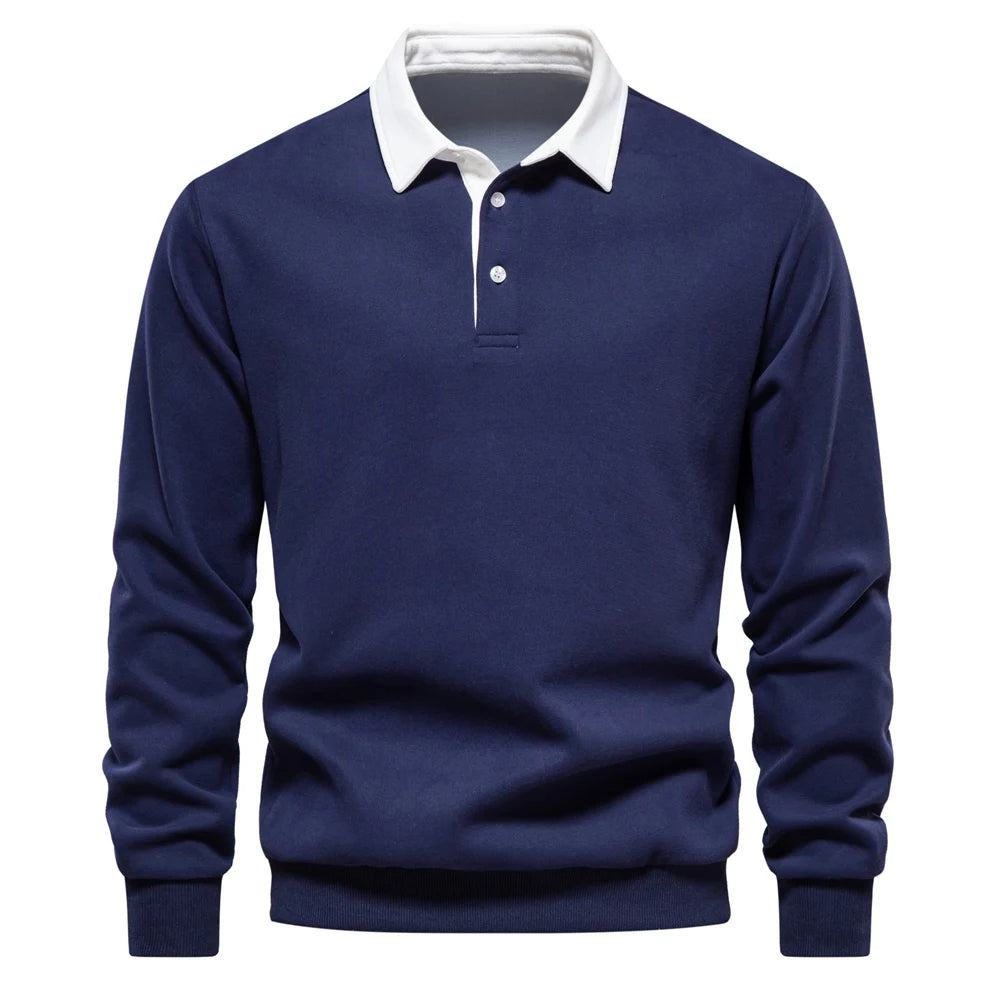 "Stijlvolle heren polo sweatshirt met klassieke kraag en patchwork detail, gemaakt van zachte katoenblend, regular fit."