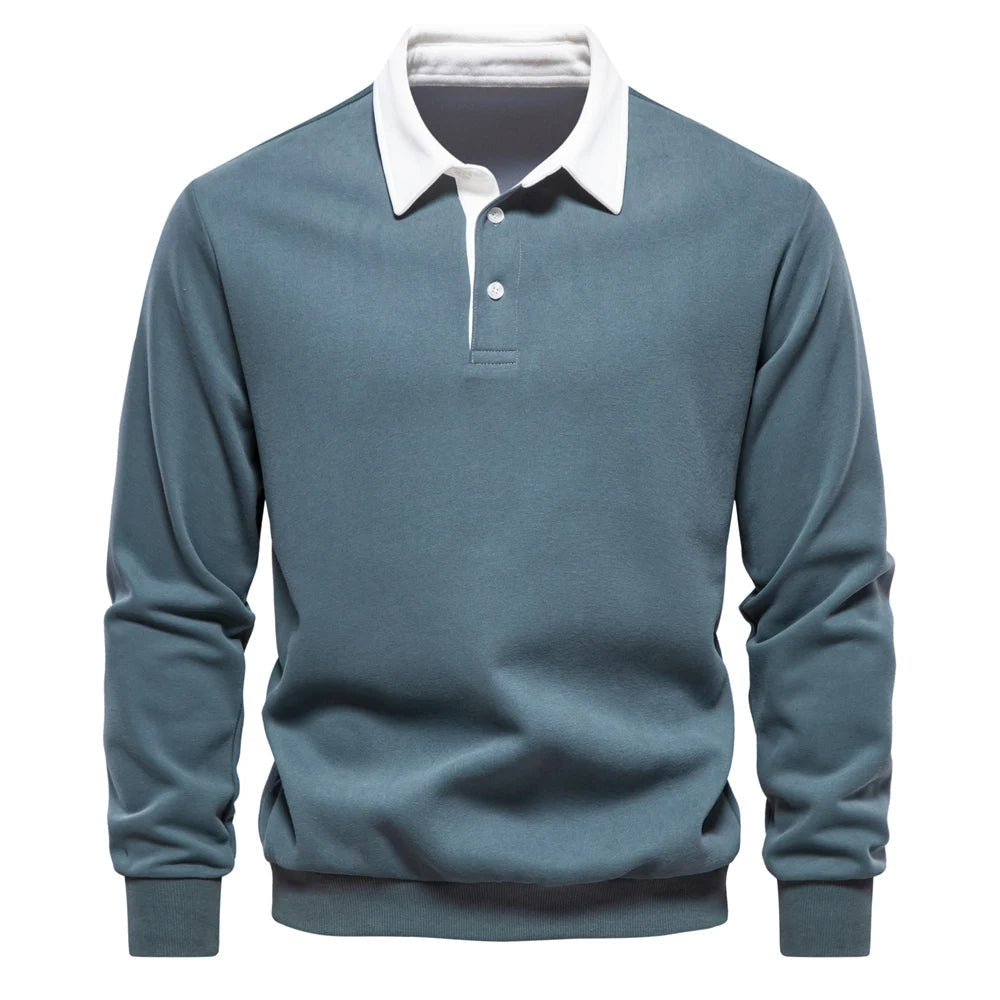 "Stijlvolle heren polo sweatshirt met klassieke kraag en patchwork detail, gemaakt van zachte katoenblend, regular fit."