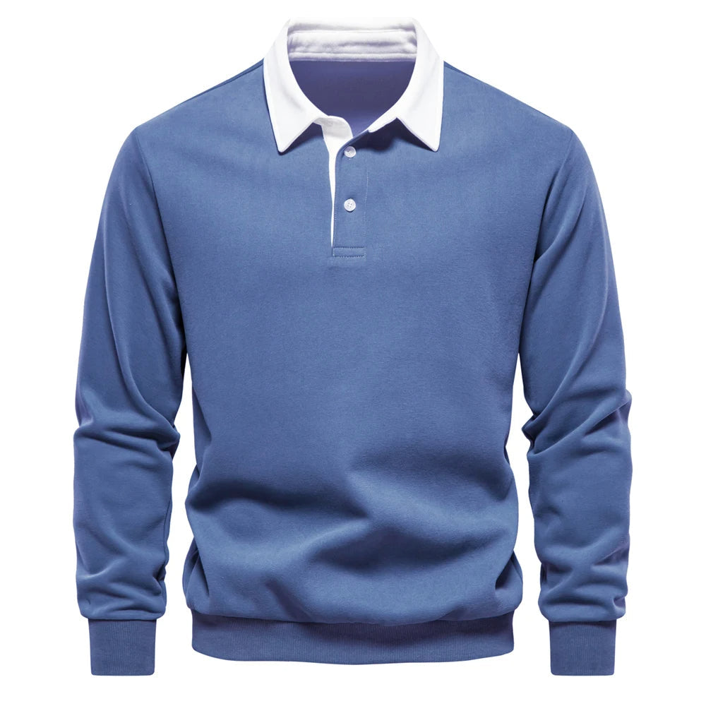 "Stijlvolle heren polo sweatshirt met klassieke kraag en patchwork detail, gemaakt van zachte katoenblend, regular fit."