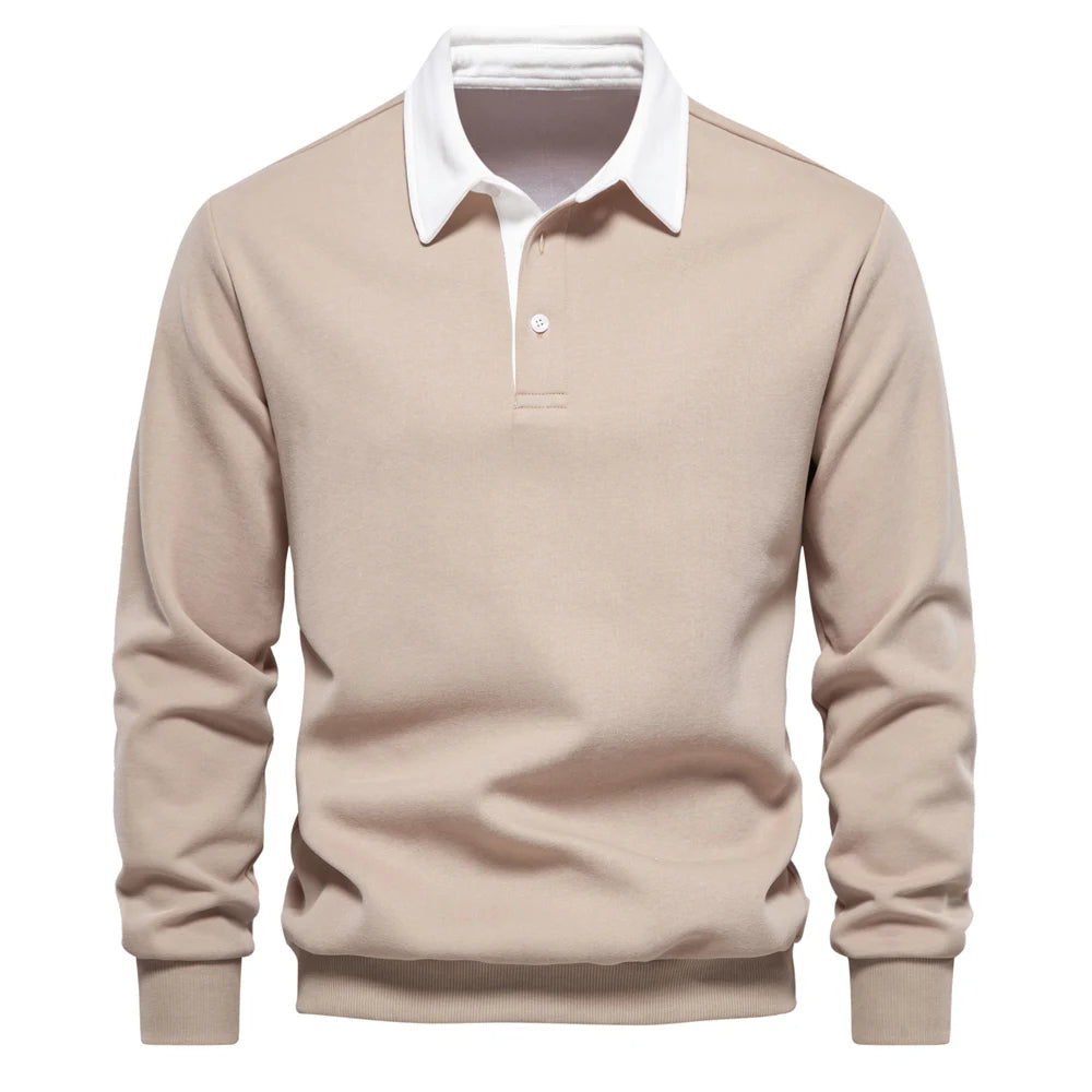 "Stijlvolle heren polo sweatshirt met klassieke kraag en patchwork detail, gemaakt van zachte katoenblend, regular fit."