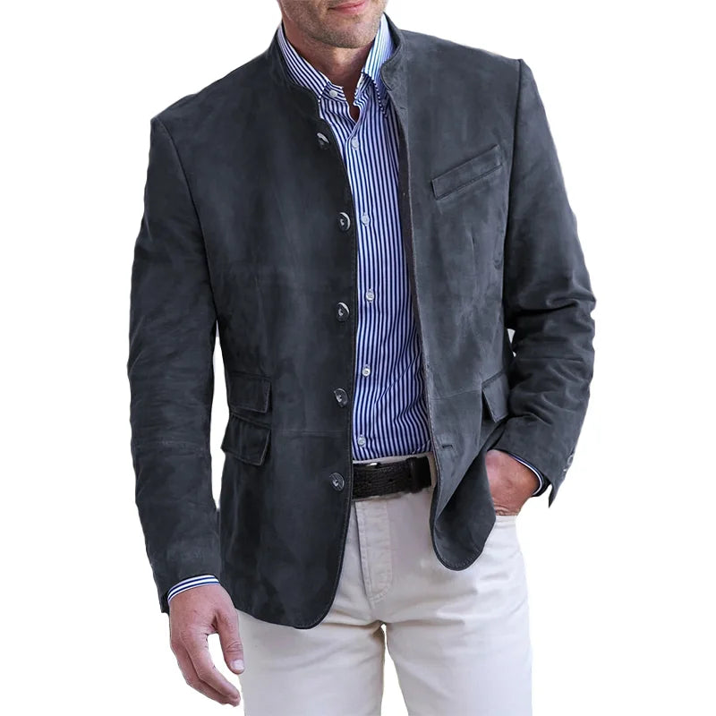 "Stijlvolle herenmantel met vintage stand-up kraag en single-breasted sluiting, ideaal voor casual en formele gelegenheden."