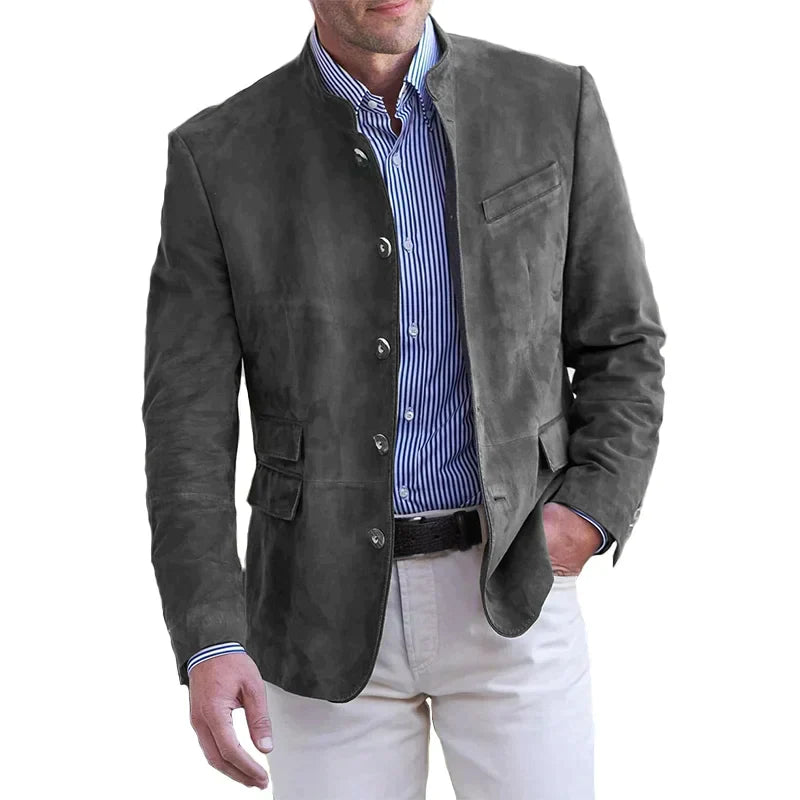 "Stijlvolle herenmantel met vintage stand-up kraag en single-breasted sluiting, ideaal voor casual en formele gelegenheden."