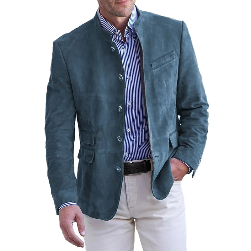 "Stijlvolle herenmantel met vintage stand-up kraag en single-breasted sluiting, ideaal voor casual en formele gelegenheden."
