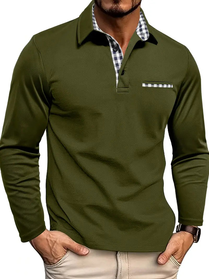 "Stijlvolle herenpolo katoenmix, lange mouwen, voorkant, comfort fit, ideaal voor frisse dagen, gecombineerd met chino's."