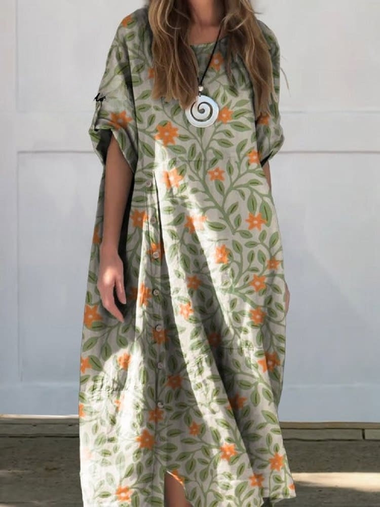 "Stijlvolle Lainey linnen katoenen jurk met ronde kraag en 1/2 mouwen, ademend en comfortabel voor casual elegantie."