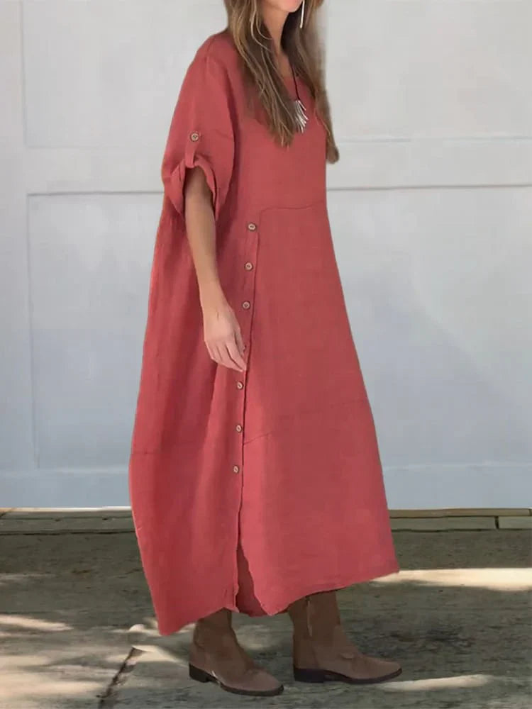 "Stijlvolle Lainey linnen katoenen jurk met ronde kraag en 1/2 mouwen, ademend en comfortabel voor casual elegantie."