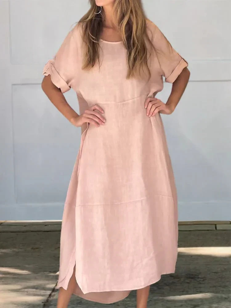 "Stijlvolle Lainey linnen katoenen jurk met ronde kraag en 1/2 mouwen, ademend en comfortabel voor casual elegantie."