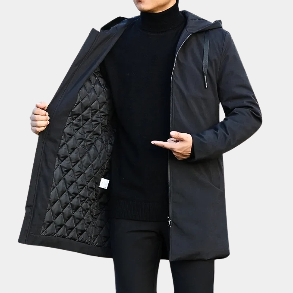 Stijlvolle lange herenjas in zwart, elegante pasvorm, veelzijdig voor elk seizoen, beschermend en geschikt voor modebewuste m