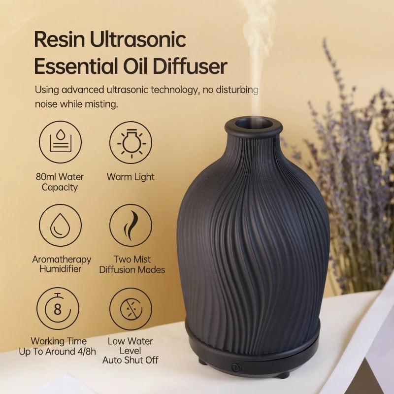 "Stijlvolle ultrasone aroma diffuser in vaasvorm, bohemian stijl, creëert rust en esthetiek in moderne interieurs."