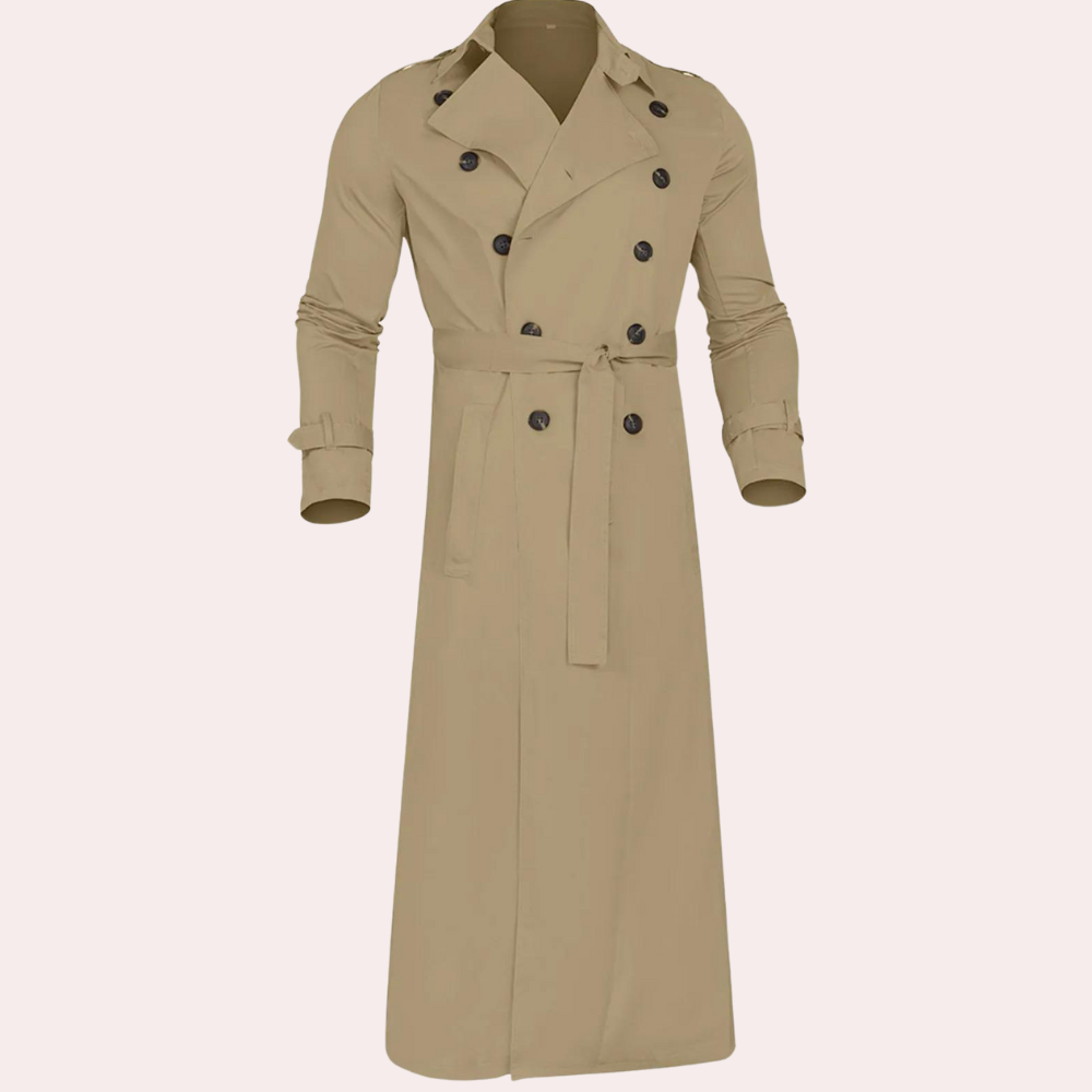 "Stijlvolle waterafstotende lange heren trenchcoat in khaki met verstelbare mouwen en tijdloos ontwerp."