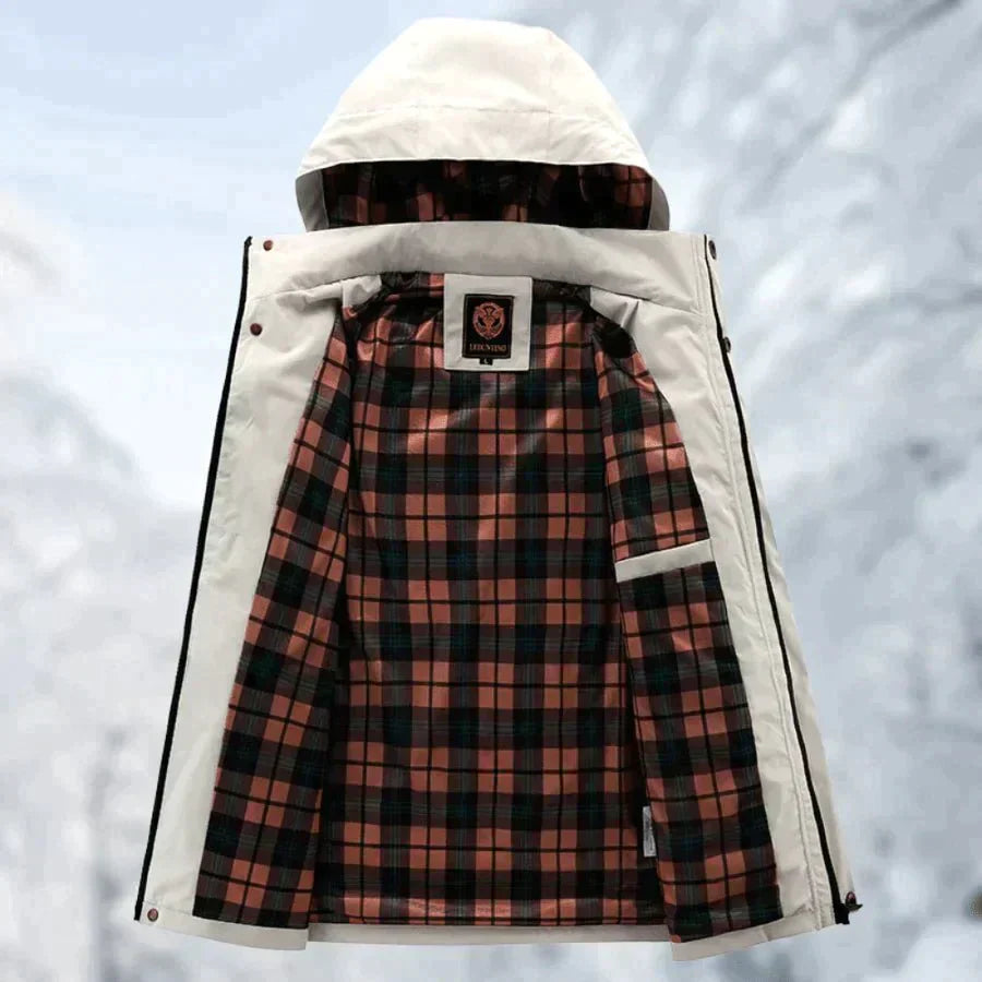 "Stijlvolle waterdichte herenjas met afneembare capuchon, perfecte winterbescherming tegen regen en wind."