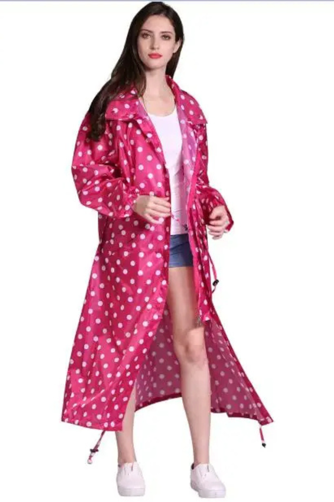 Stijlvolle waterdichte lange regenjas voor dames, verstelbare taille, ruime capuchon, verkrijgbaar in diverse kleuren.