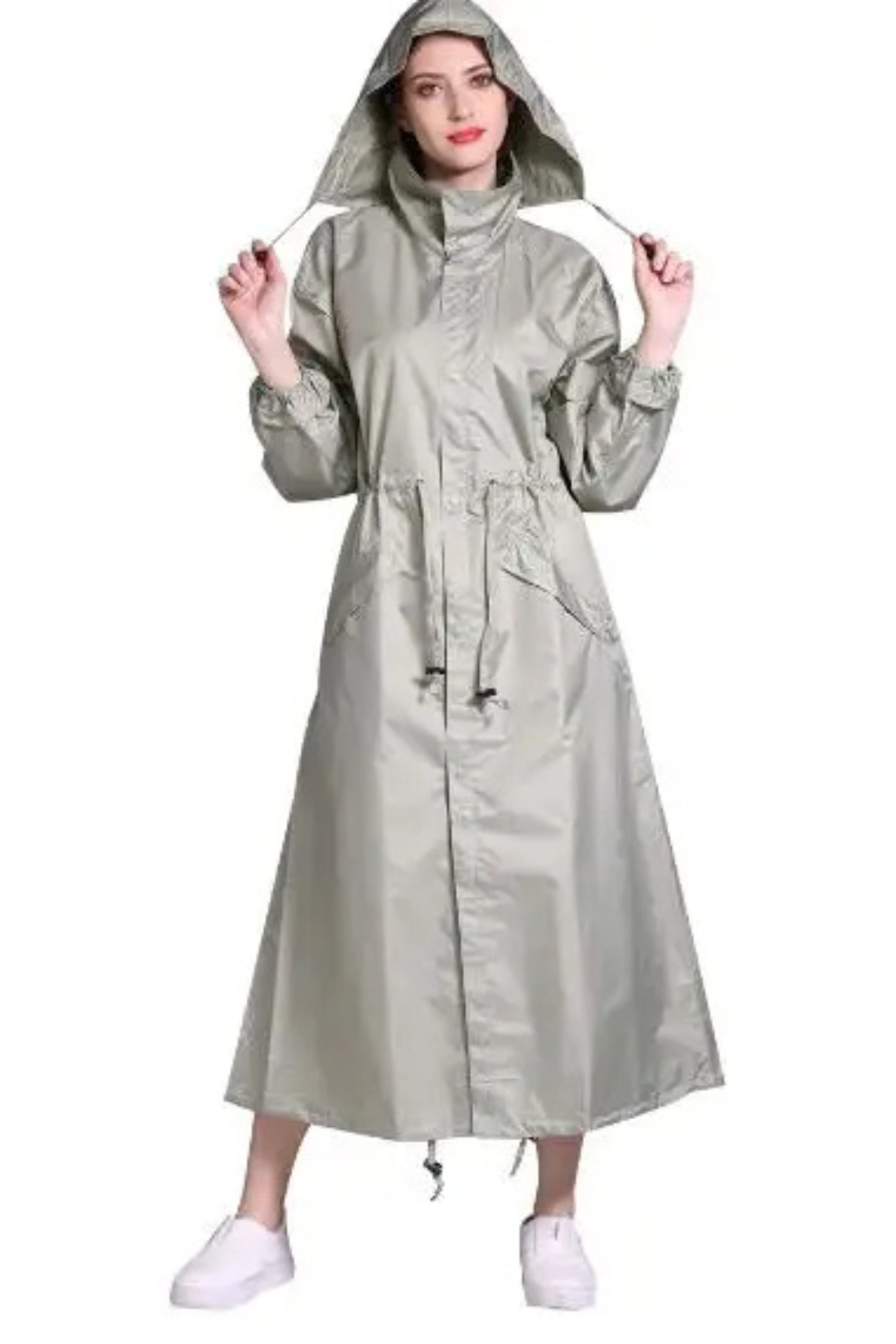 Stijlvolle waterdichte lange regenjas voor dames, verstelbare taille, ruime capuchon, verkrijgbaar in diverse kleuren.