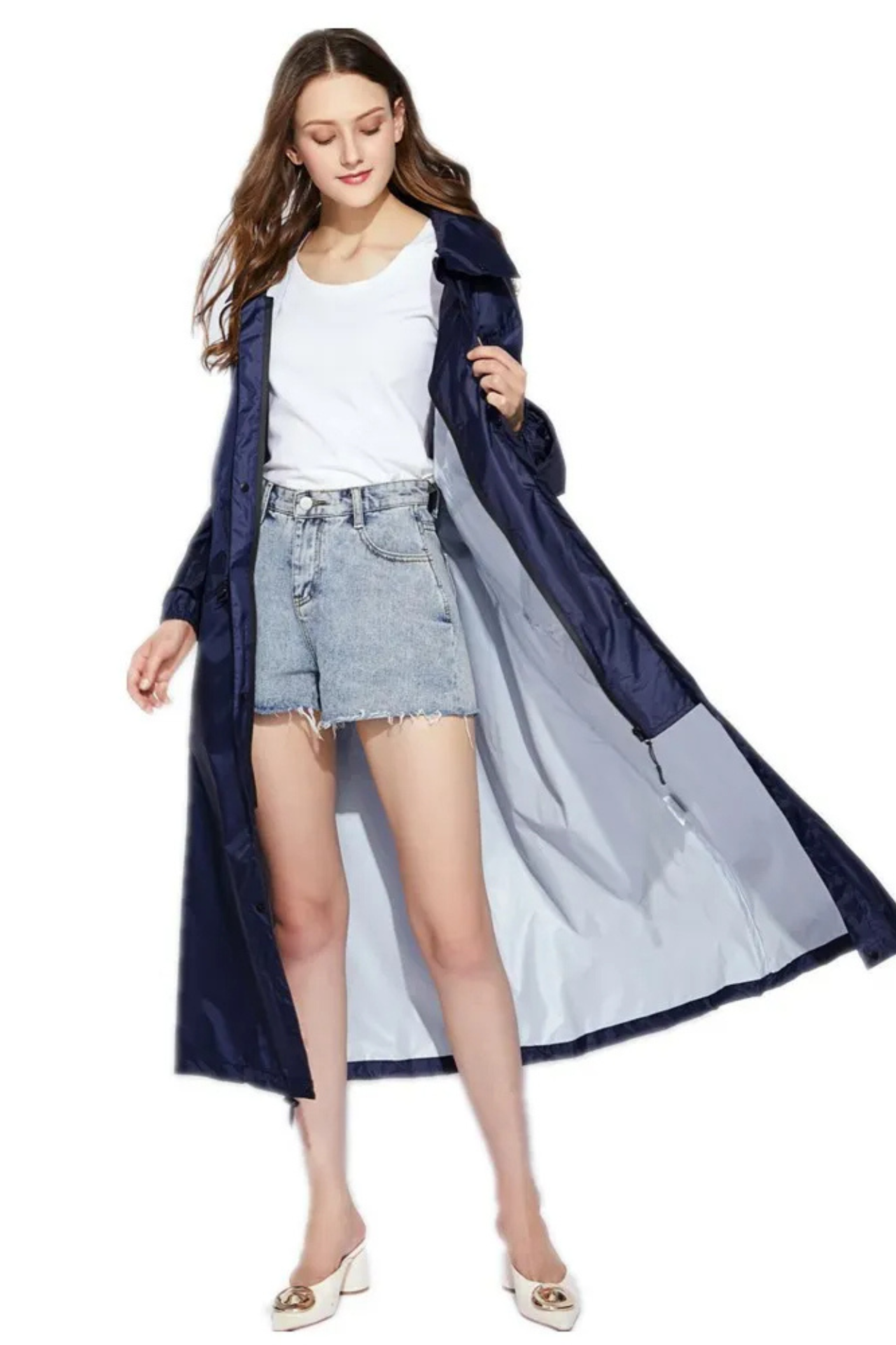 Stijlvolle waterdichte lange regenjas voor dames, verstelbare taille, ruime capuchon, verkrijgbaar in diverse kleuren.