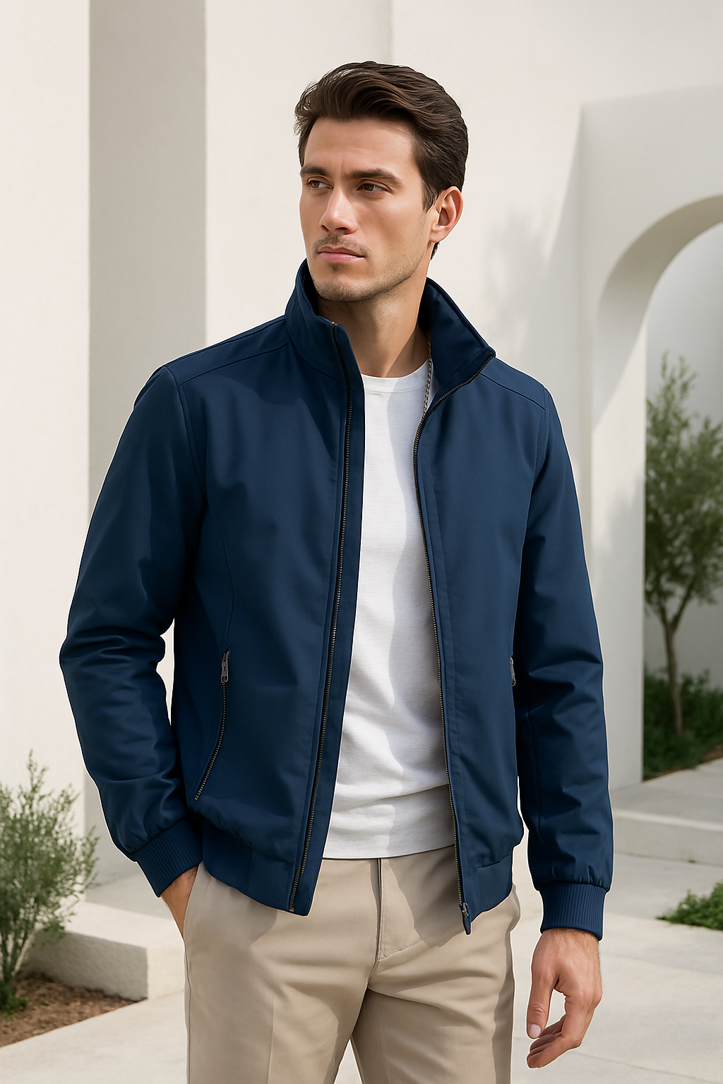 Stijlvolle winddichte zomerjas voor heren, slanke pasvorm, luxe voering, geschikt voor kantoor en casual gelegenheden.