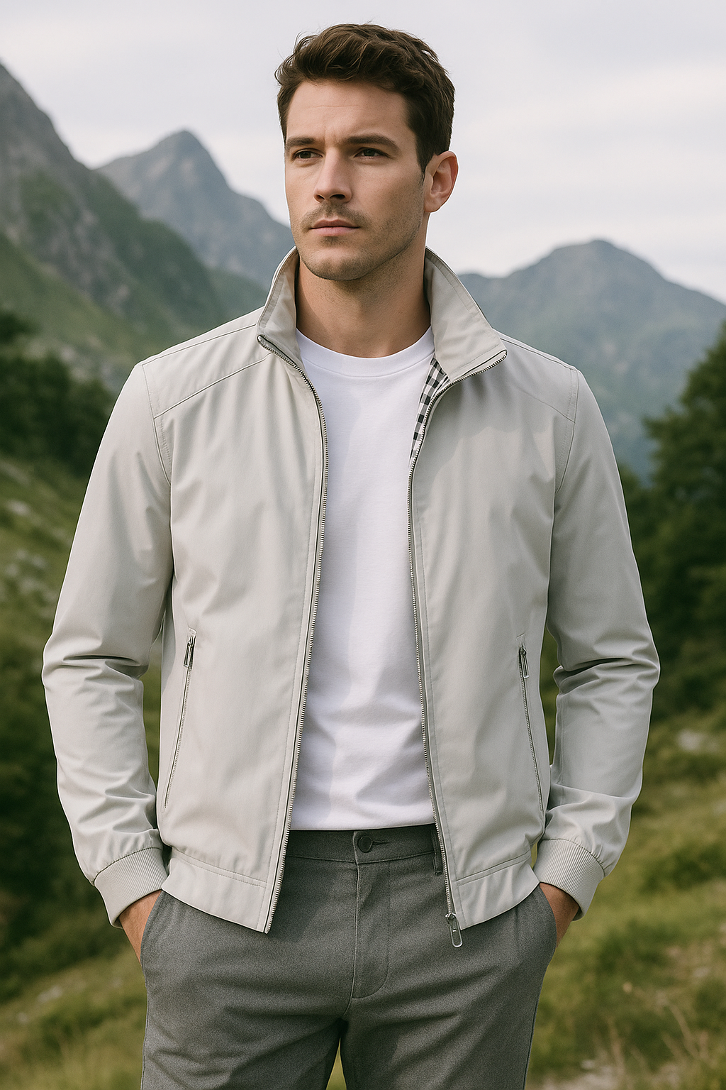 Stijlvolle winddichte zomerjas voor heren, slanke pasvorm, luxe voering, geschikt voor kantoor en casual gelegenheden.