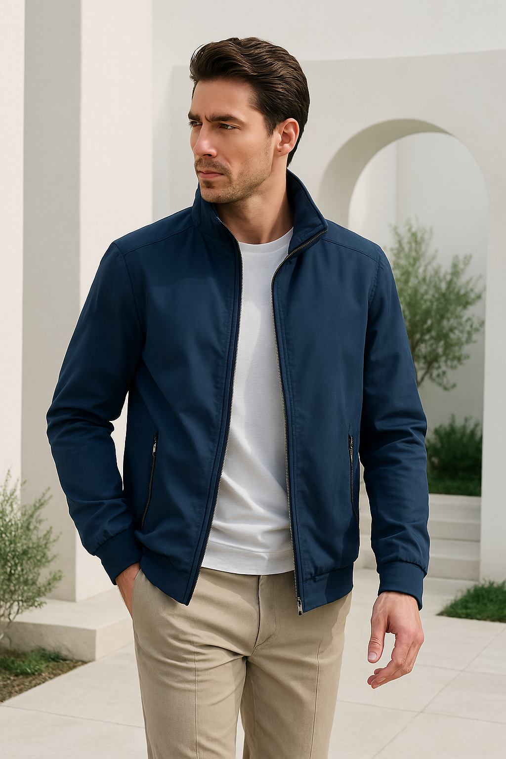 Stijlvolle winddichte zomerjas voor heren, slanke pasvorm, luxe voering, geschikt voor kantoor en casual gelegenheden.