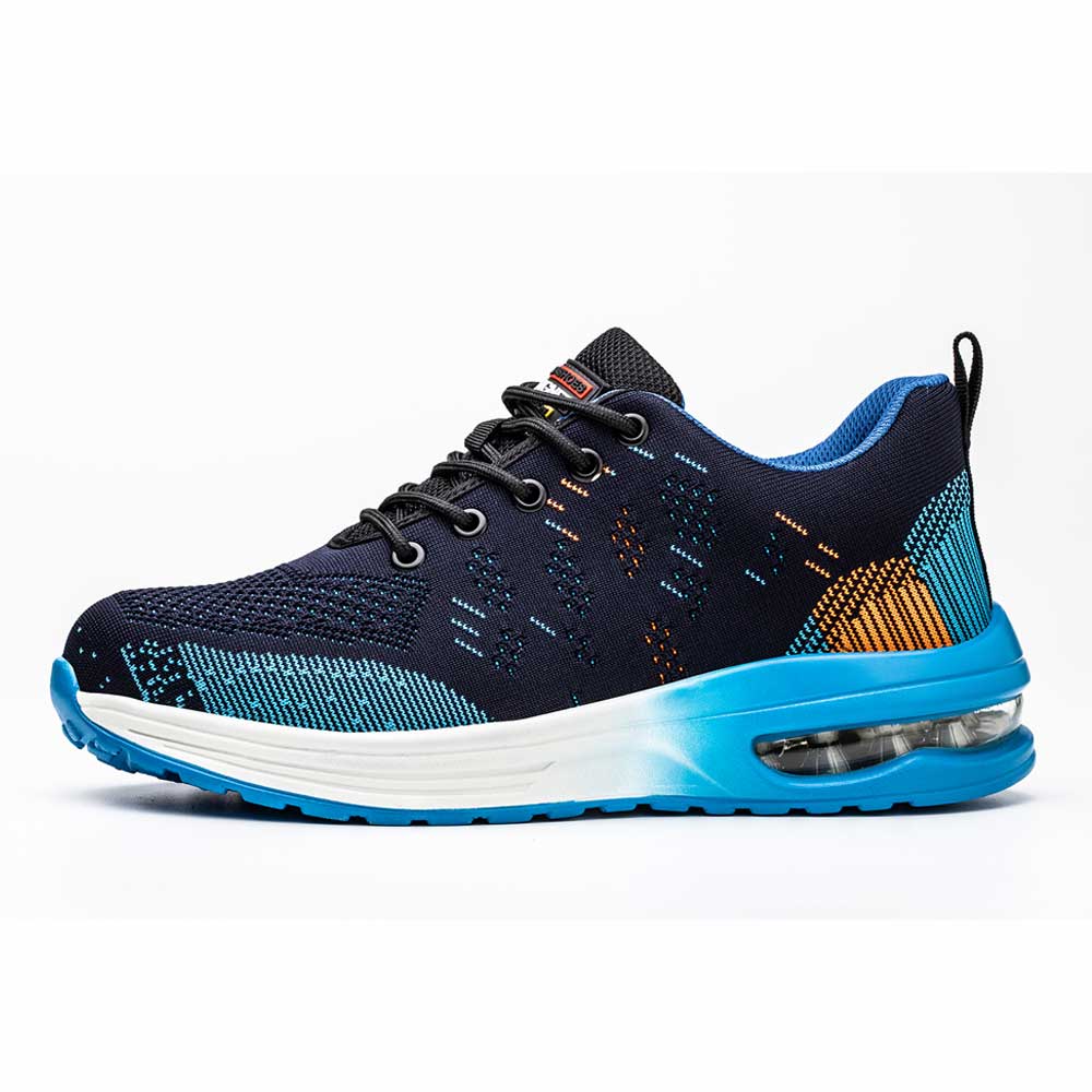 "Stoere blauwe veiligheidsschoenen met stalen neus en Kevlar-zool, lichtgewicht sneakerontwerp voor maximaal comfort."
